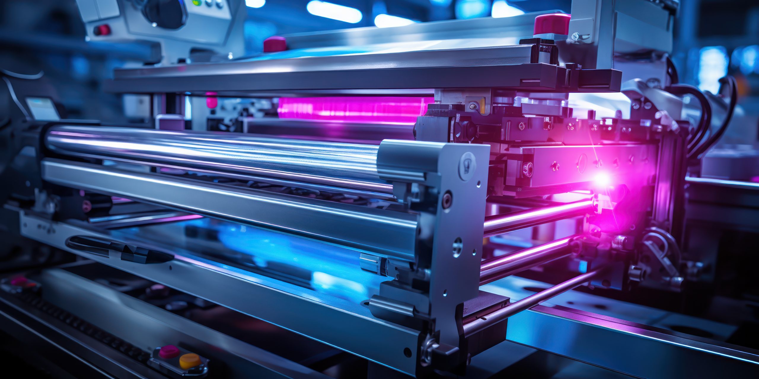 Industrial printing press glowing with the precision of modern m